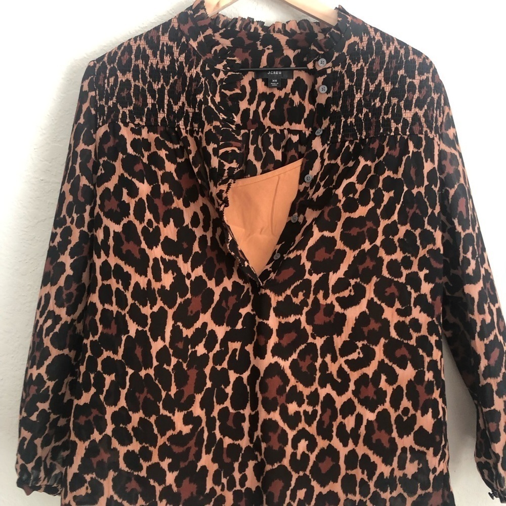 J Crew Leopard And Tan Button Down Ruffle Removable Tank Top Mesh Blouse Size Xs